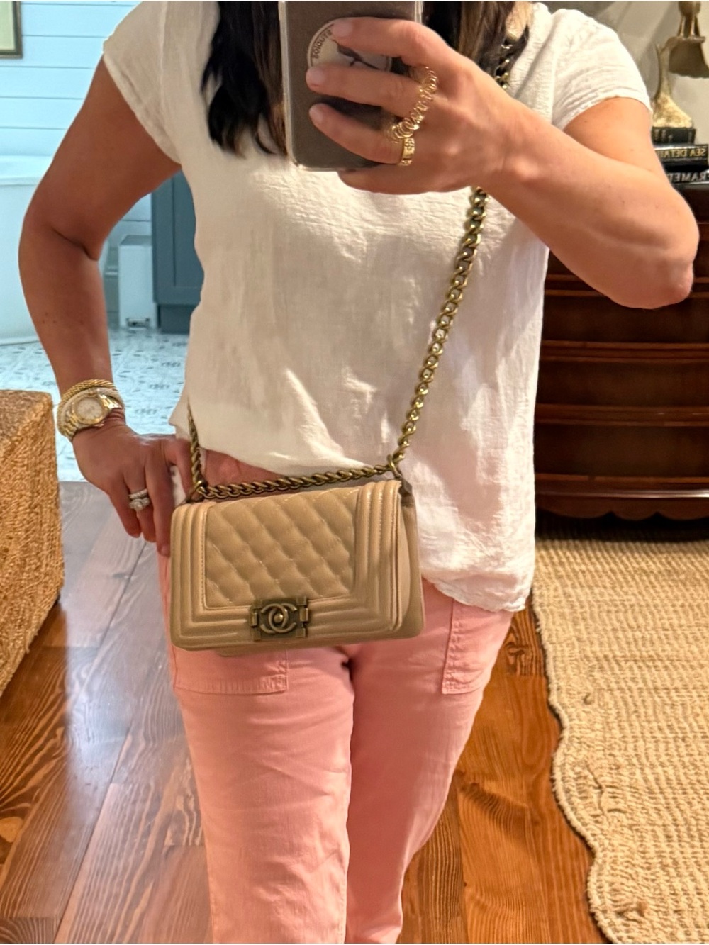 Beige Quilted Leather Boy Shoulder Bag with Gold Chain - Picture 10 of 10